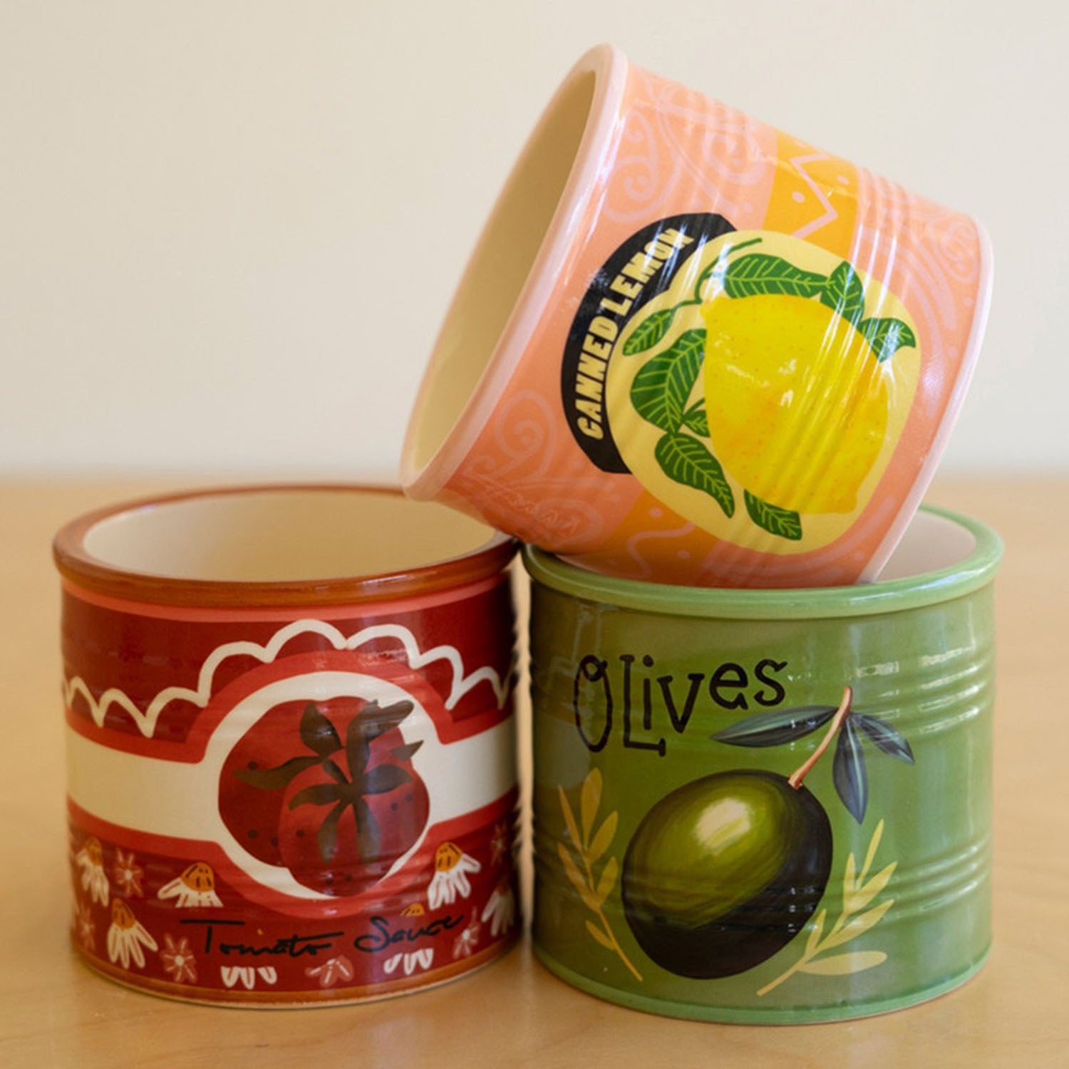 Close-up of the nostalgic decal design on the ceramic canned good planter