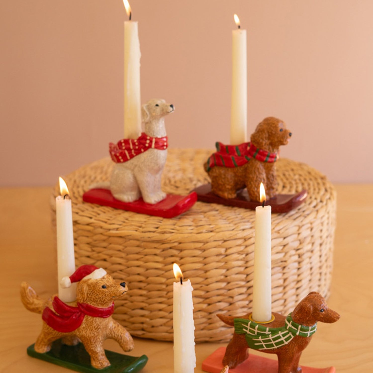 Ceramic Christmas Dog Taper Candle Holder Set of 5