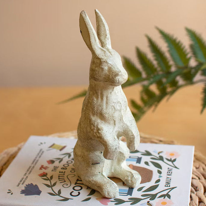 Rabbit Cast Iron Sculpture in distressed cream finish, front view