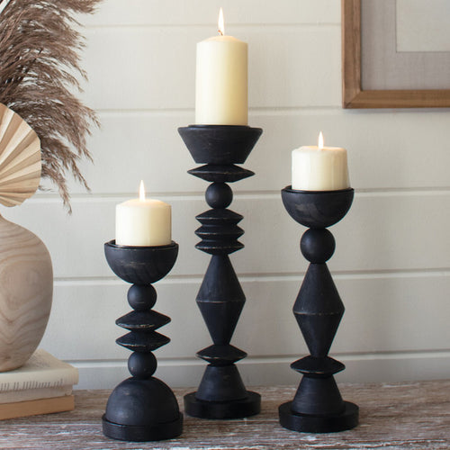 Black Turned Wood Candle Holder Set of 3