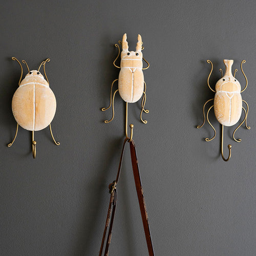 Carved Wood and Wire Beetle Wall Hook Set of 3