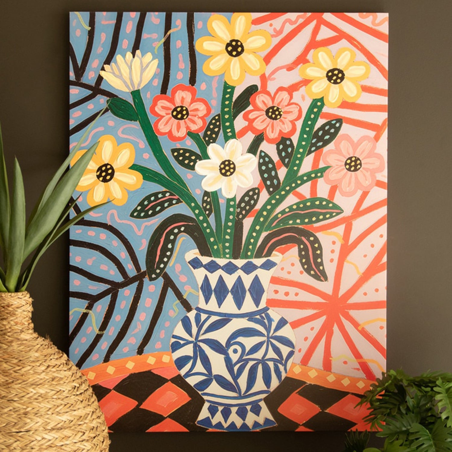 Flowers in a Vase Canvas Paint over Print