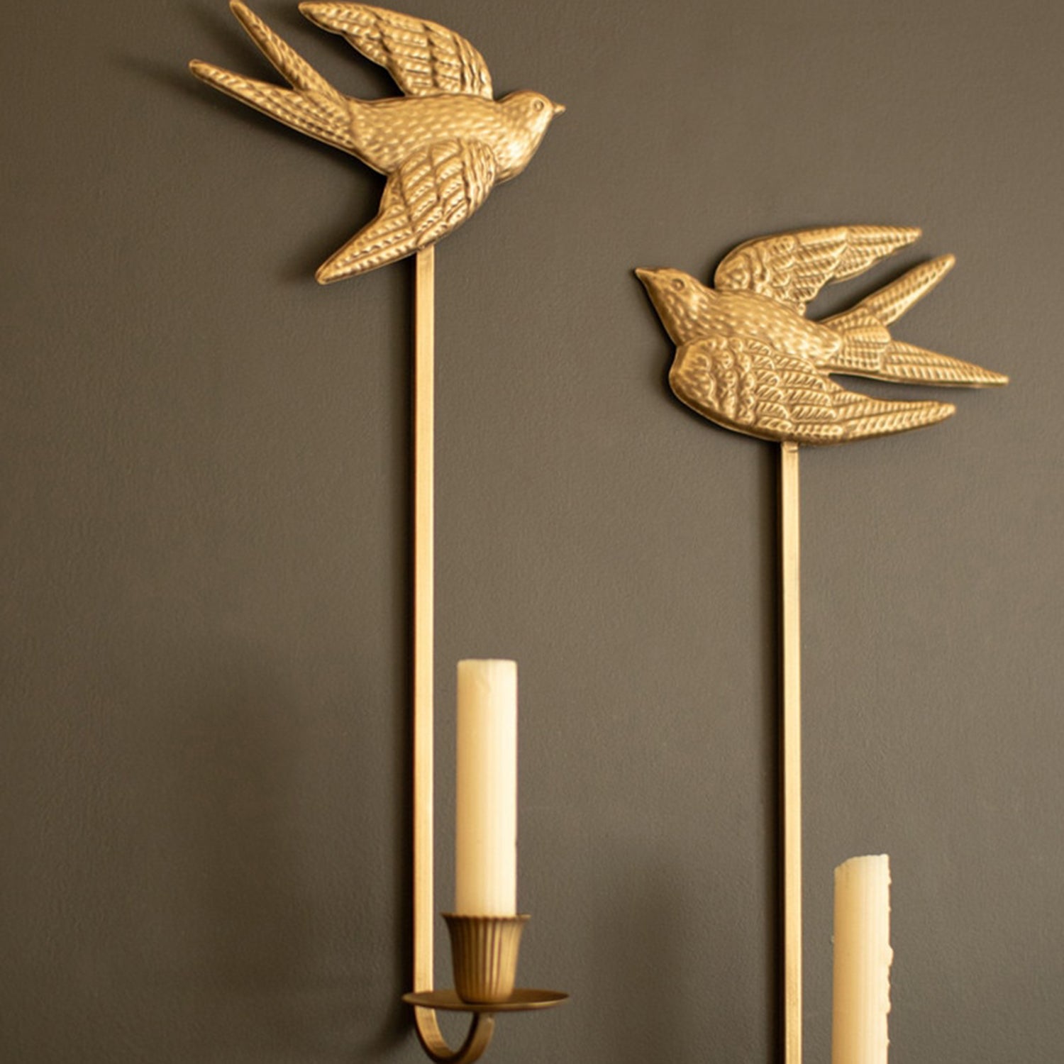 Antique Gold Metal Birds Taper Candle Wall Sconce Set of 2