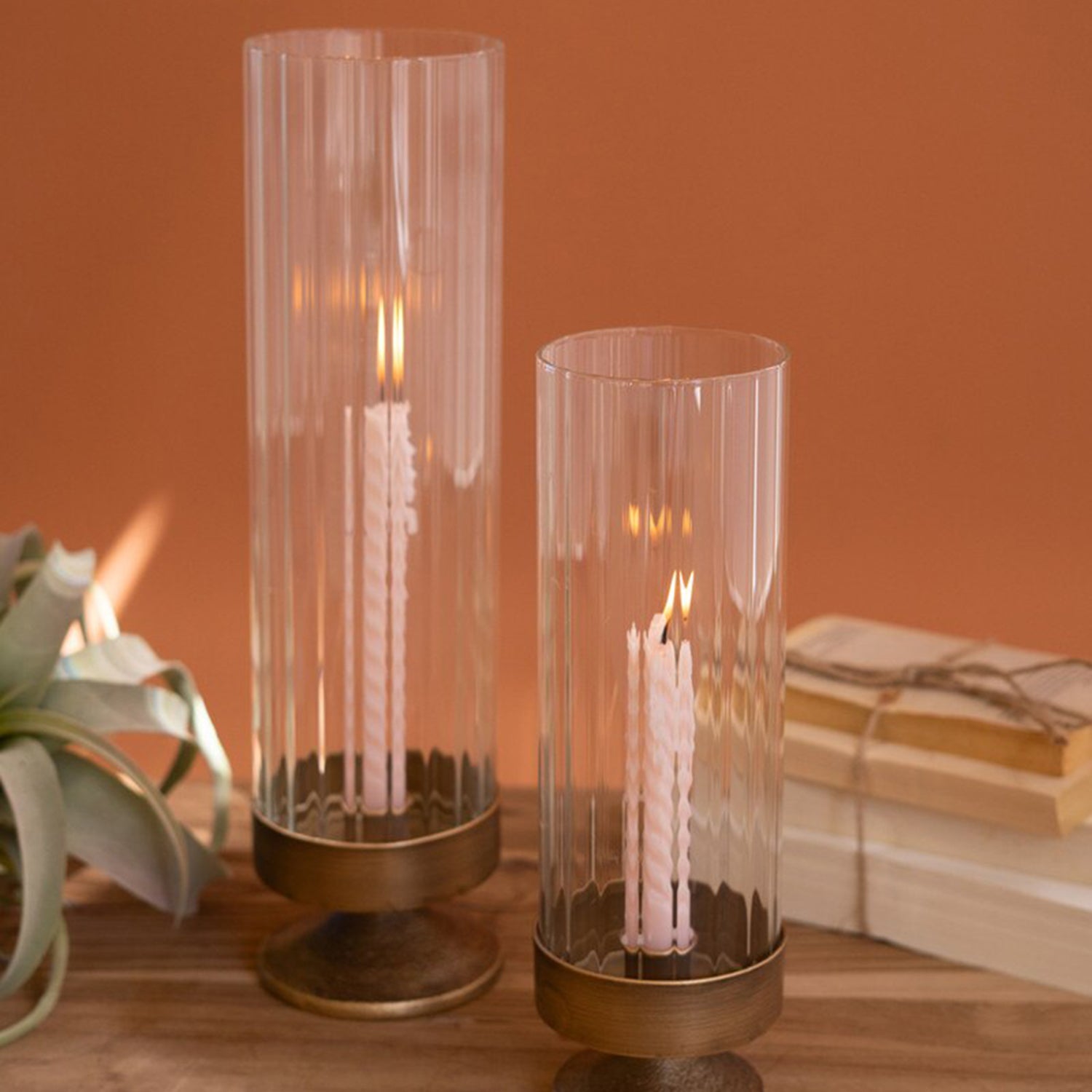 Antique Metal and Glass Taper Candle Hurricane Set of 2