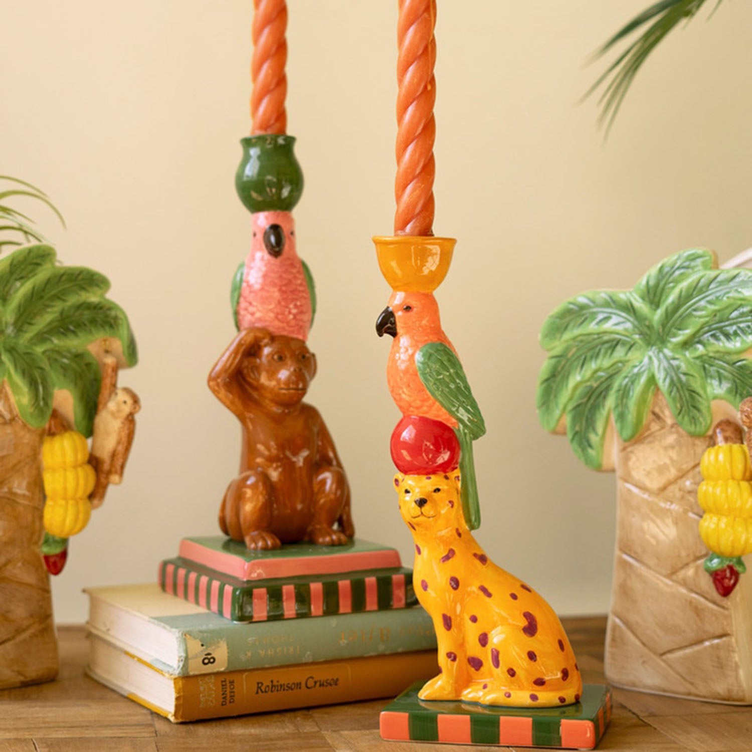 Cheetah and Monkey Taper Candle Holder Set of 2