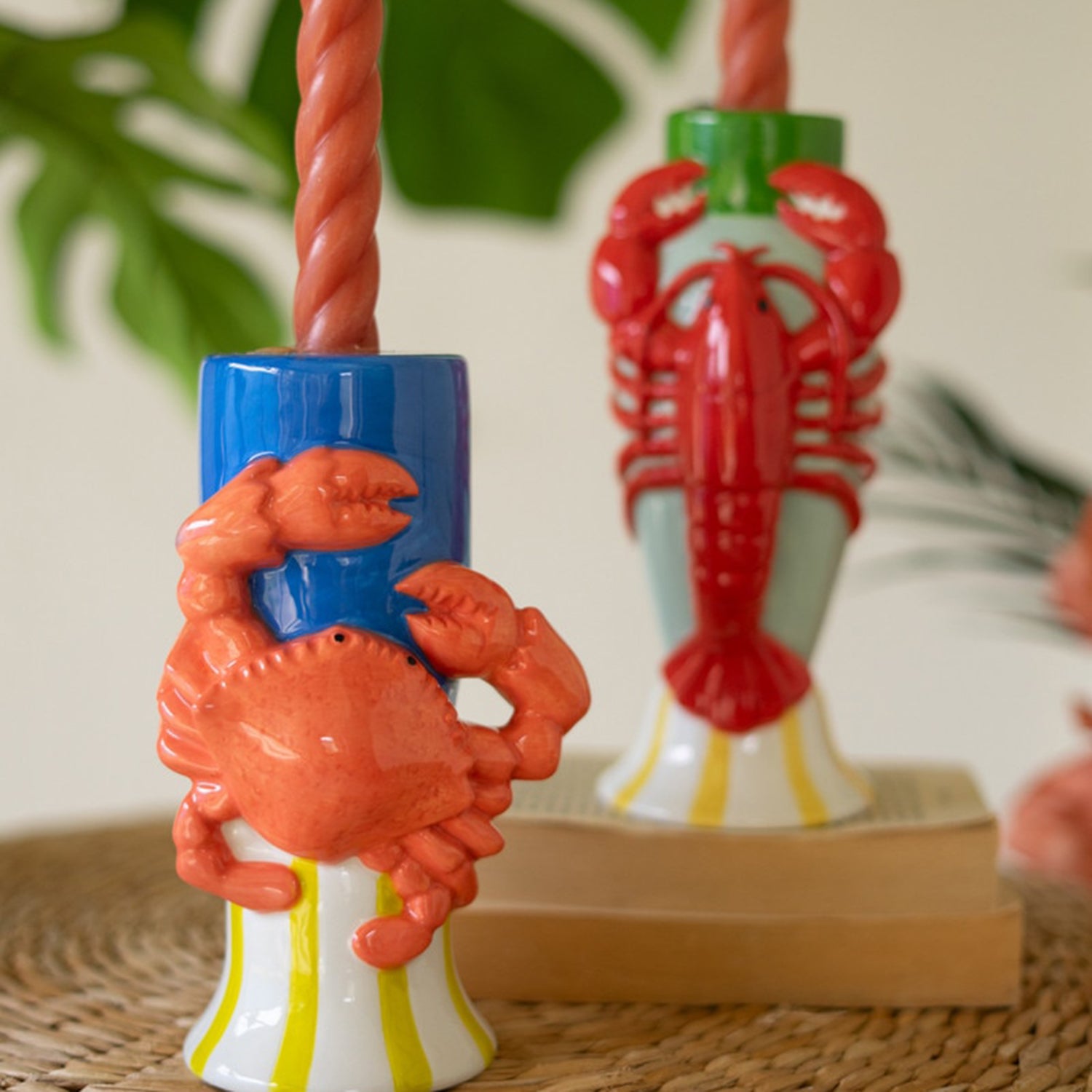 Ceramic Lobster and Crab Taper Candle Holder Set of 2