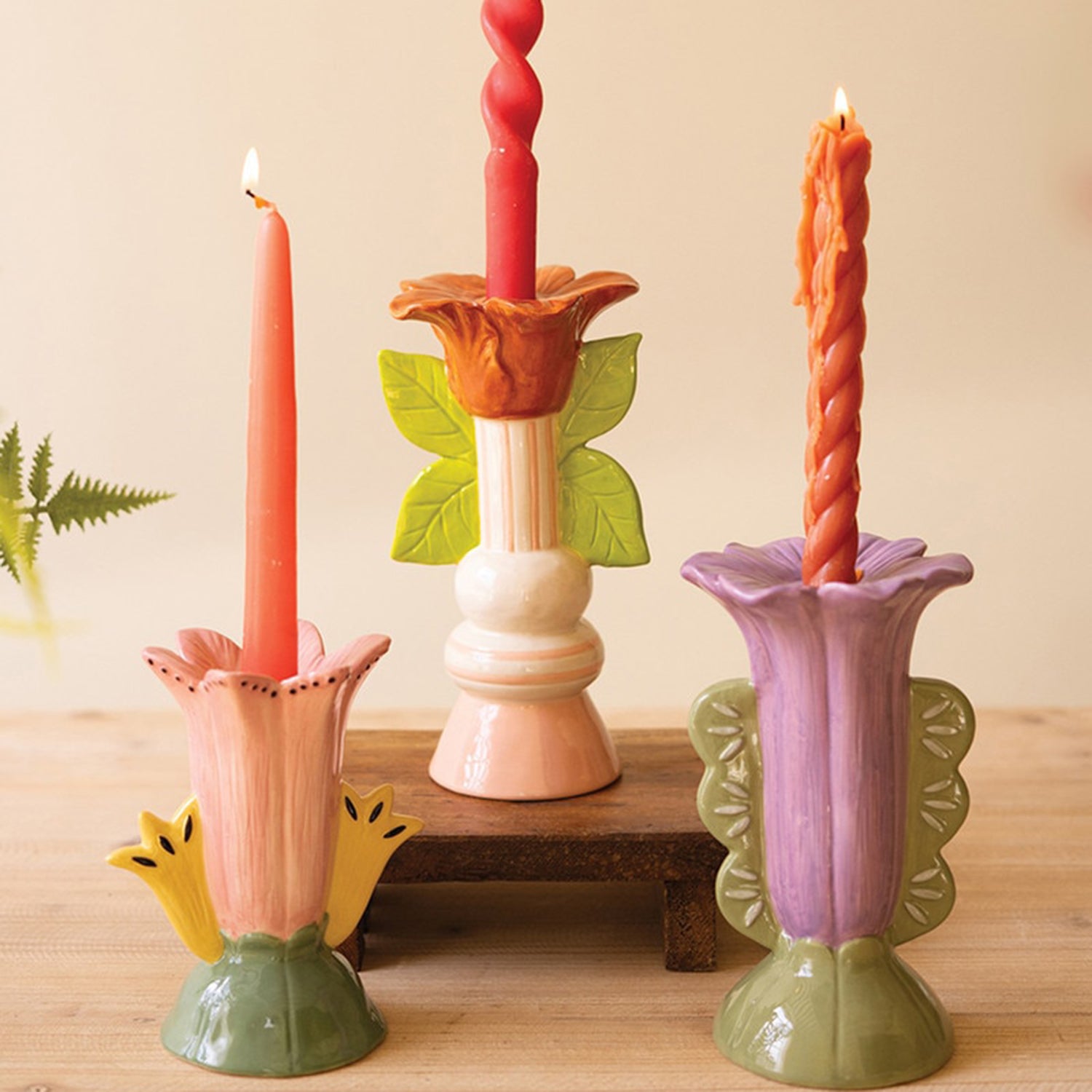 Ceramic Flower Taper Candle Holder Set of 3