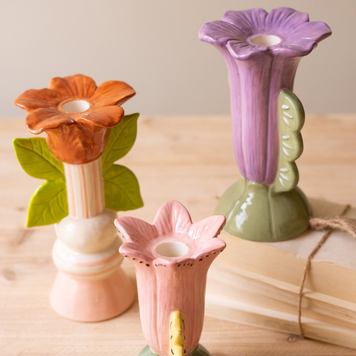 Ceramic Flower Taper Candle Holder Set of 3