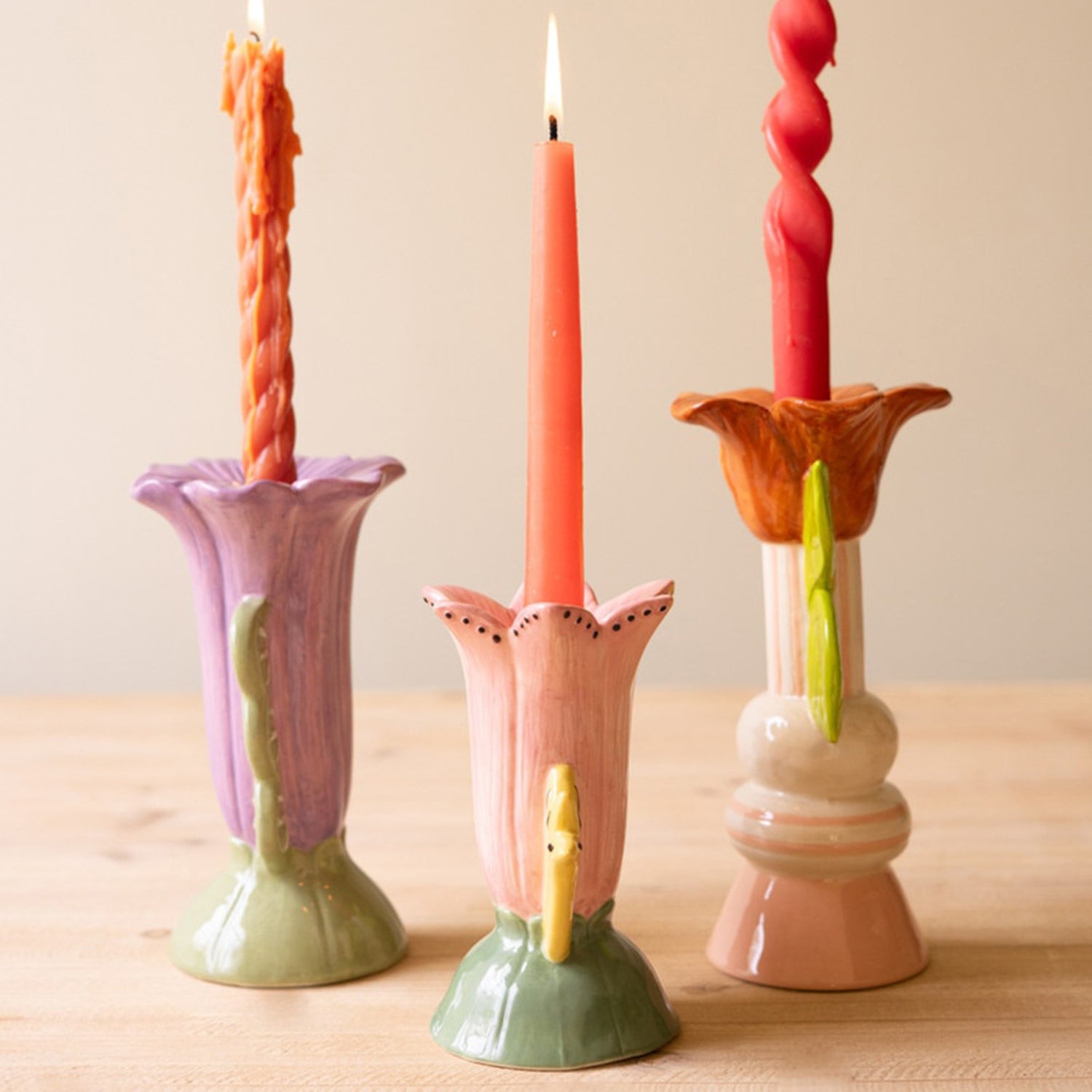 Ceramic Flower Taper Candle Holder Set of 3