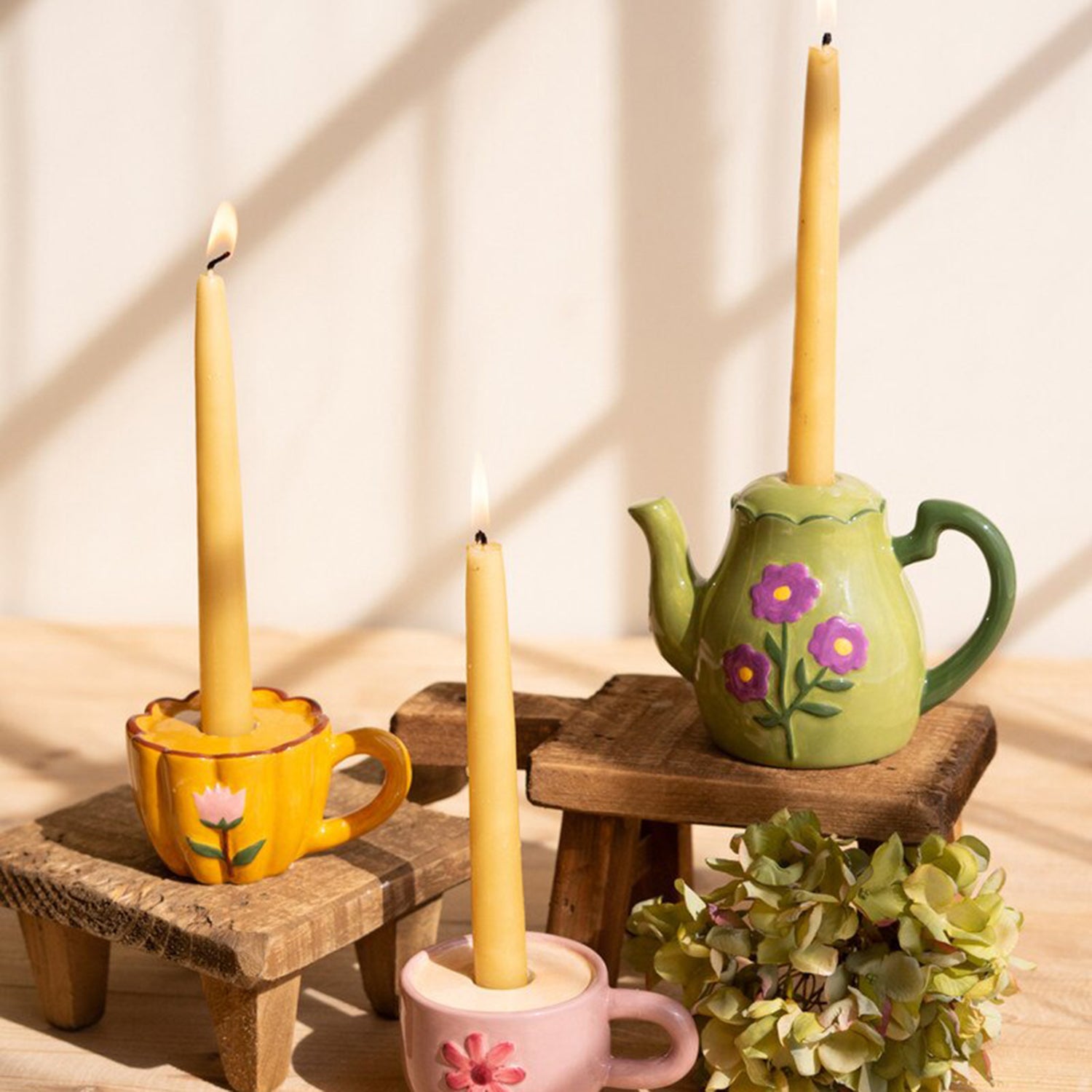 Ceramic Teapot & 2 Cups Taper Candle Holder Set of 3