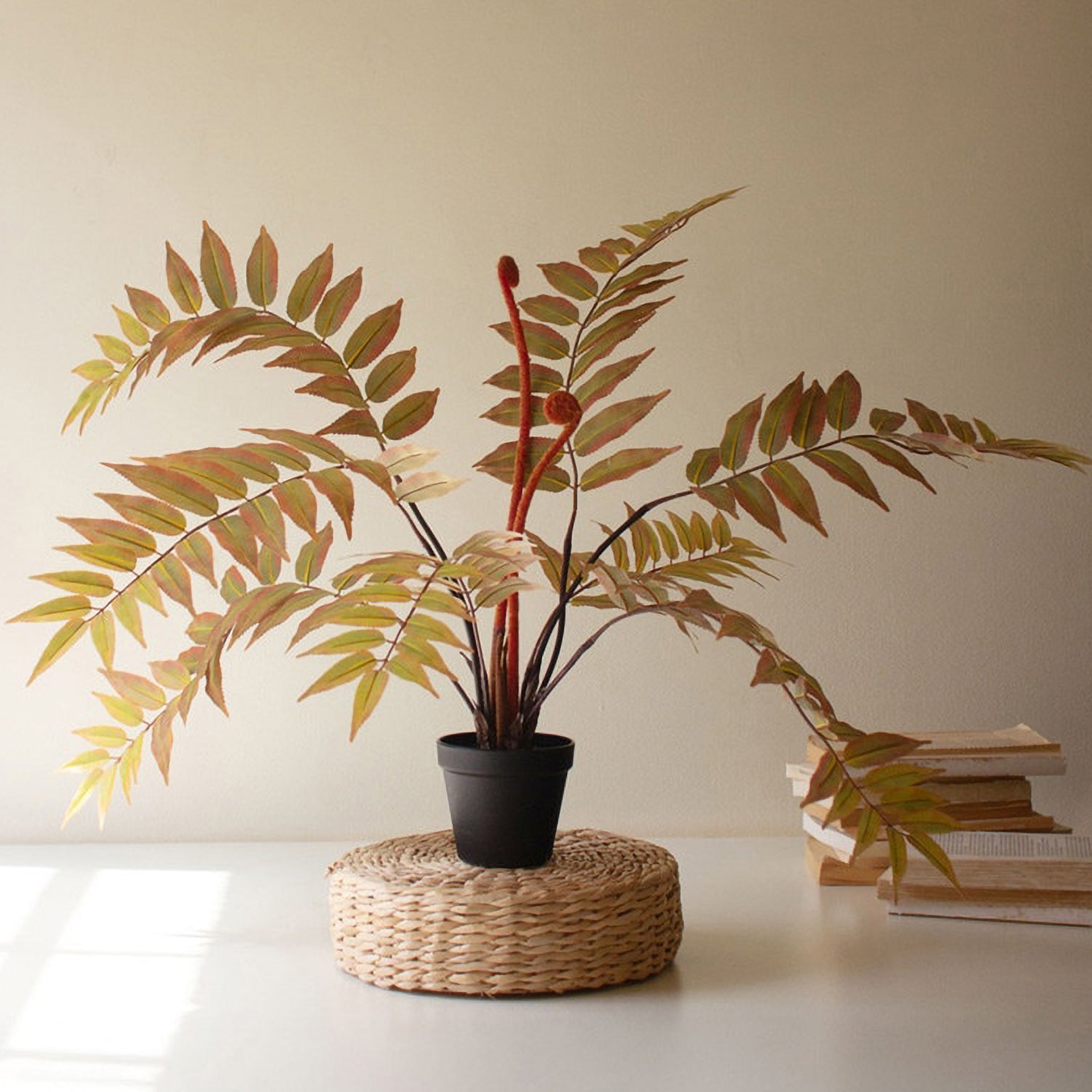 Yellow Faux Fern in a Black Plastic Pot