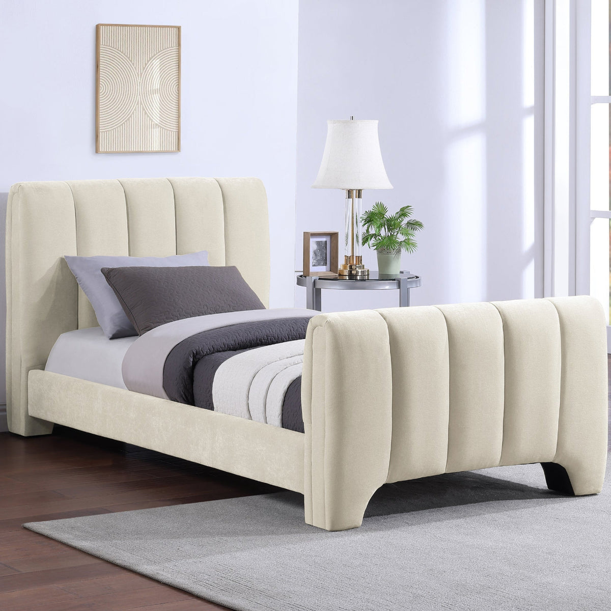 Camila Beige Chenille Fabric Upholstered Bed