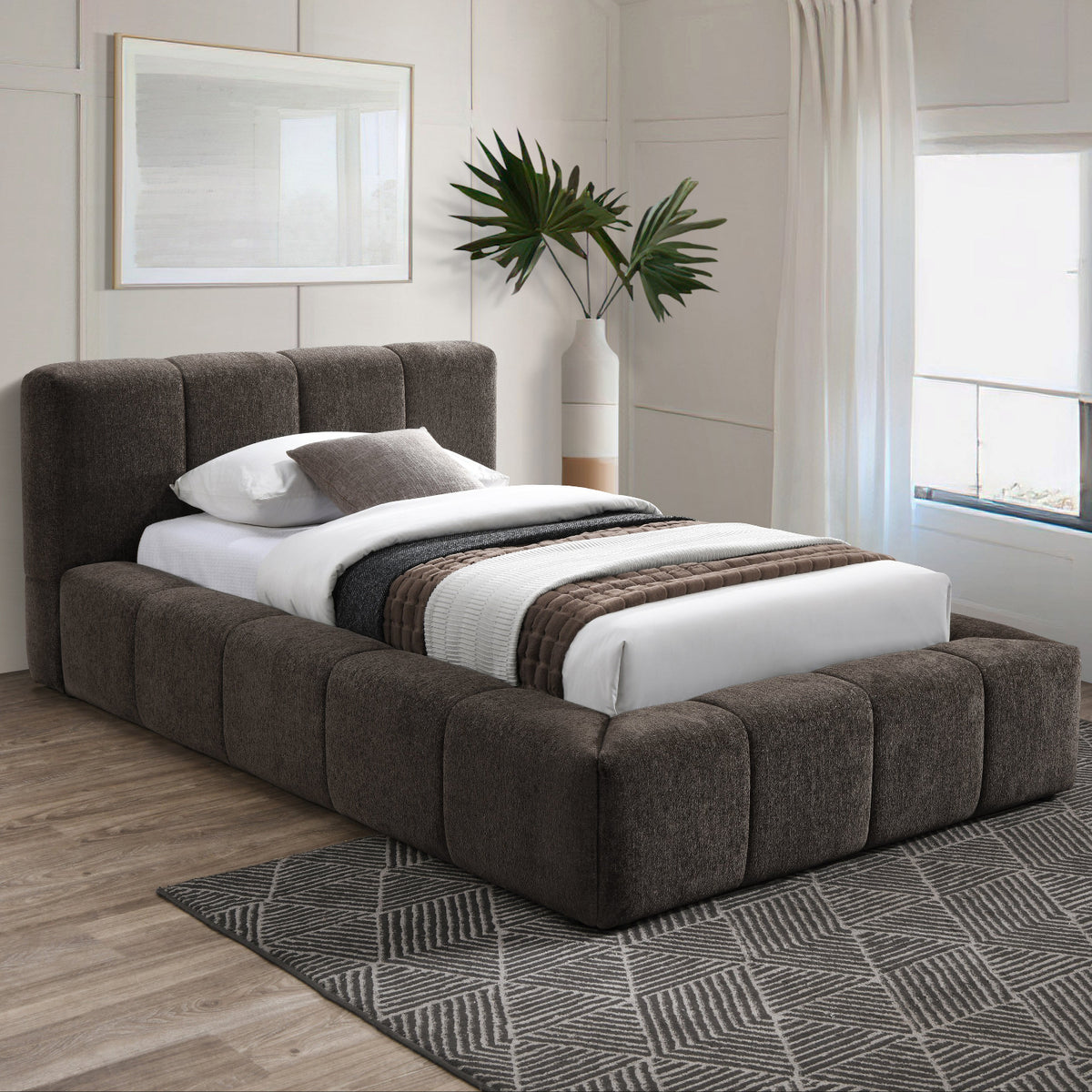 Carlin Brown Chenille Fabric Upholstered Bed