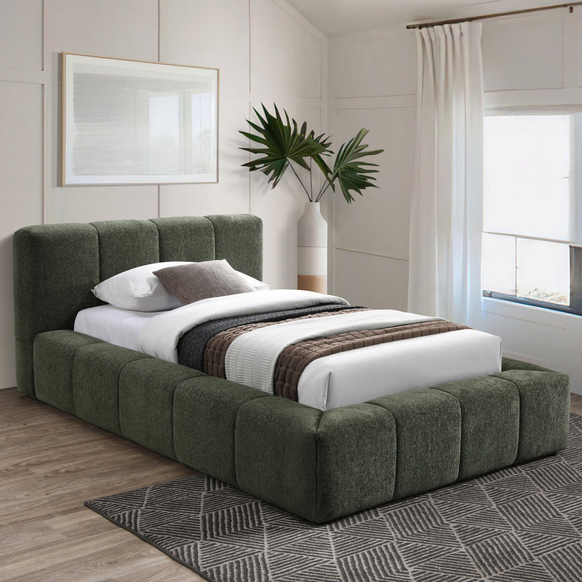 Carlin Olive Chenille Fabric Upholstered Bed