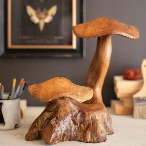 Teak Double Mushroom Sculpture