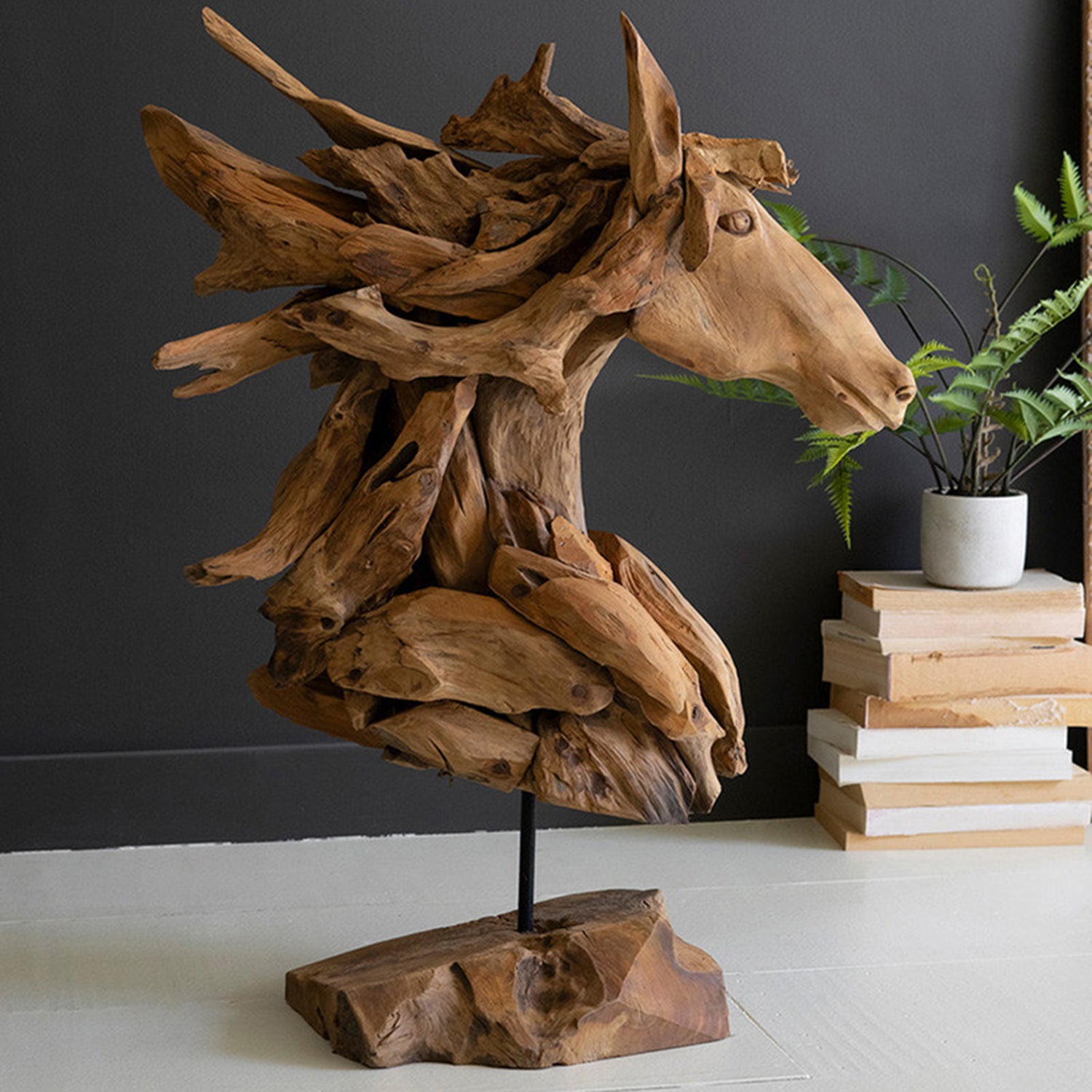 Teakwood Horse Head Sculpture with Base