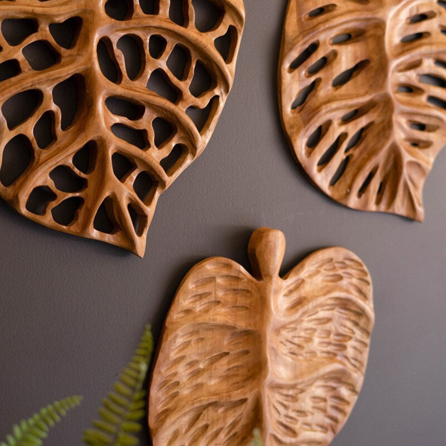 Carved Teakwood Leaves Wall Art Set of 3