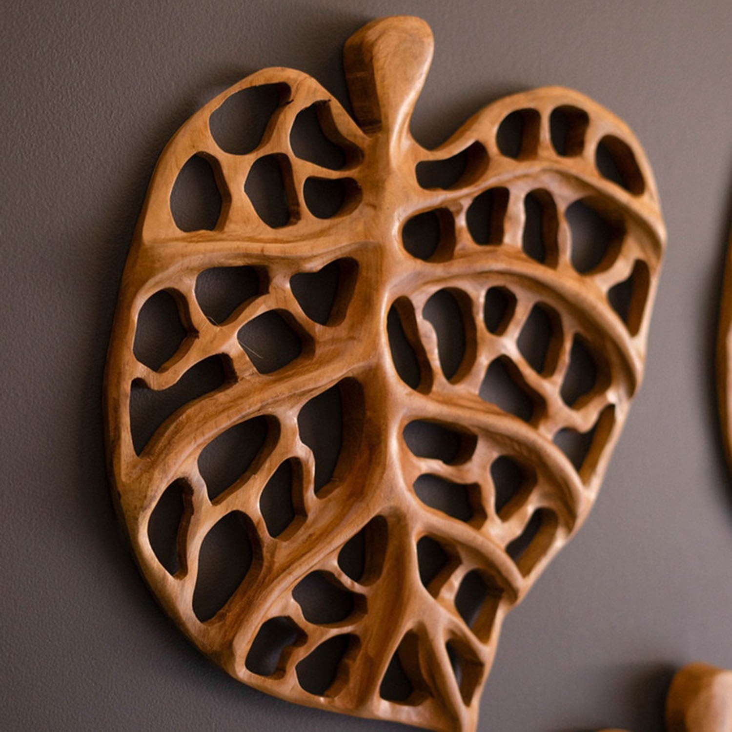 Carved Teakwood Leaves Wall Art Set of 3