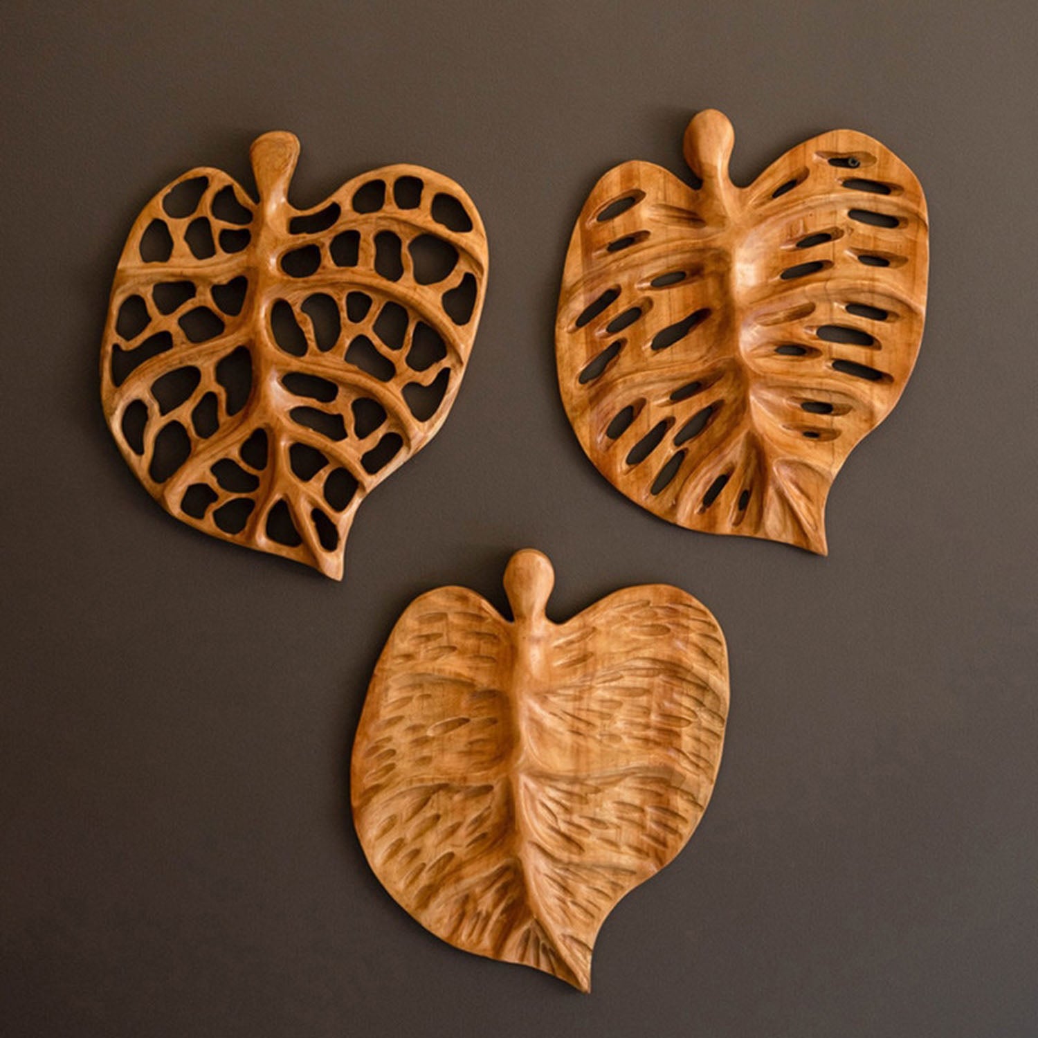 Carved Teakwood Leaves Wall Art Set of 3