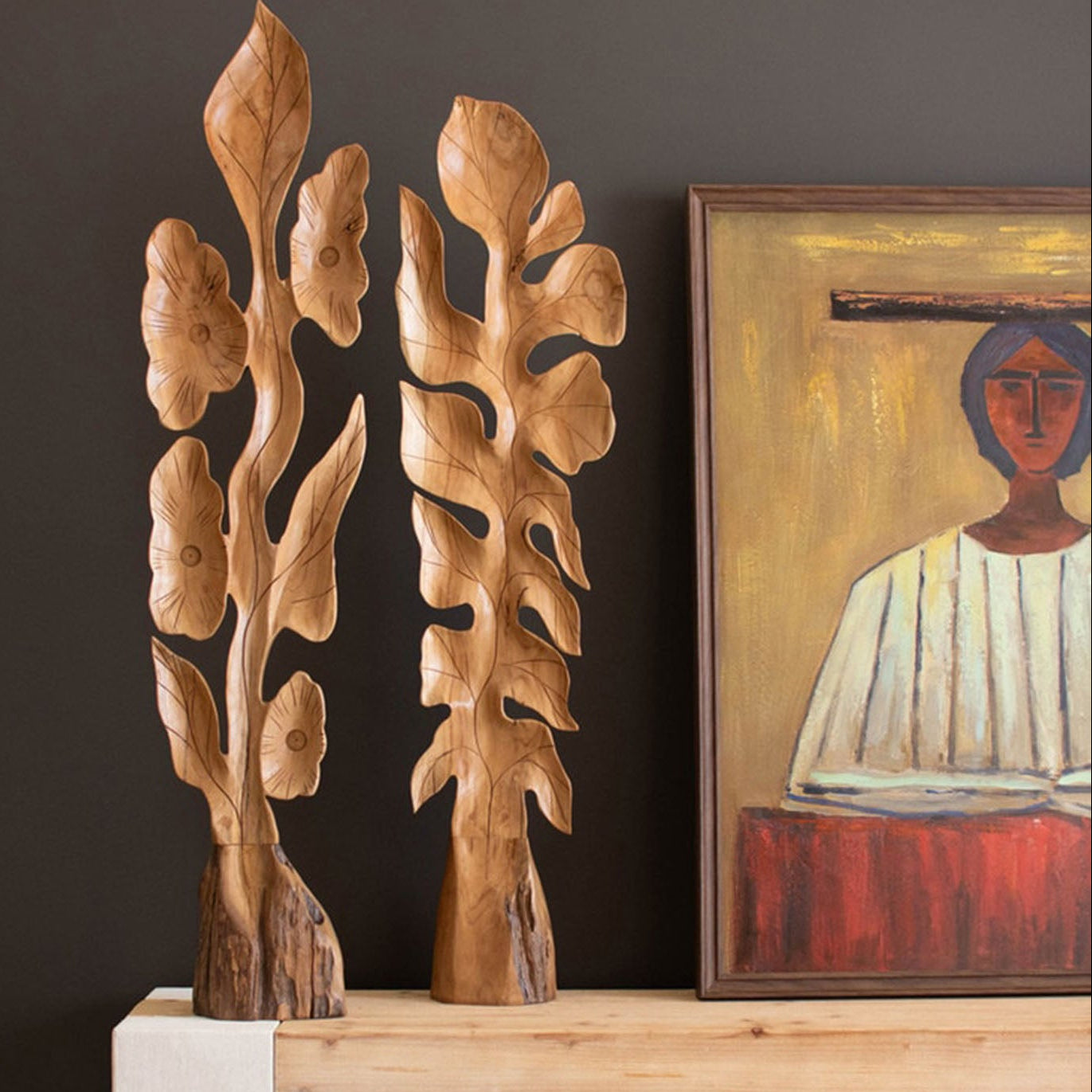 Botanical Teakwood Sculpture Set of 2