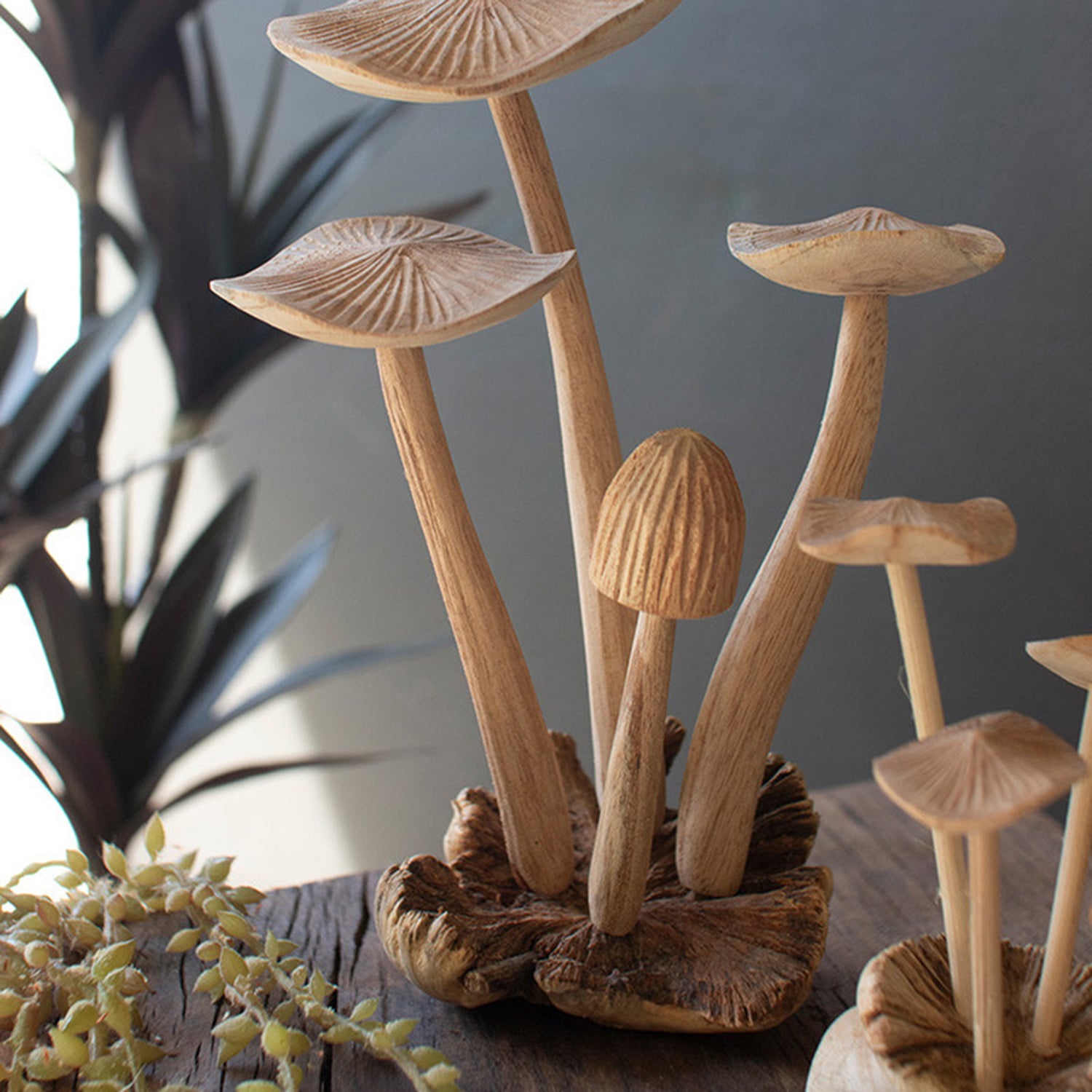 Carved Teak Wood Mushroom Cluster Set of 2
