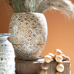 Natural and White Hand-Carved Wooden Oval Planter