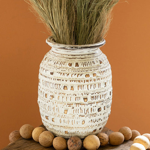 Natural and White Hand-Carved Wooden Urn