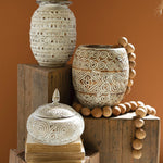 Natural and White Hand-Carved Wooden Urn