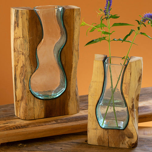 Teak Wood Blown Glass Vase