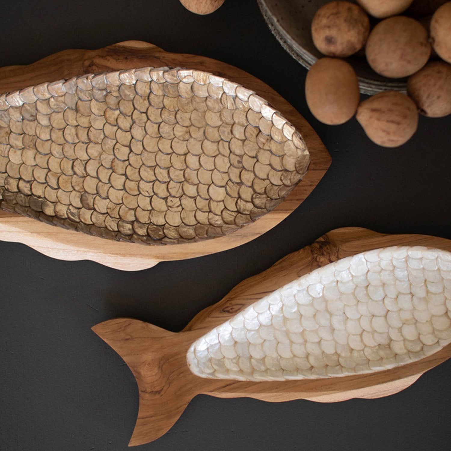 Carved Fish Dish with Capiz Set of 2