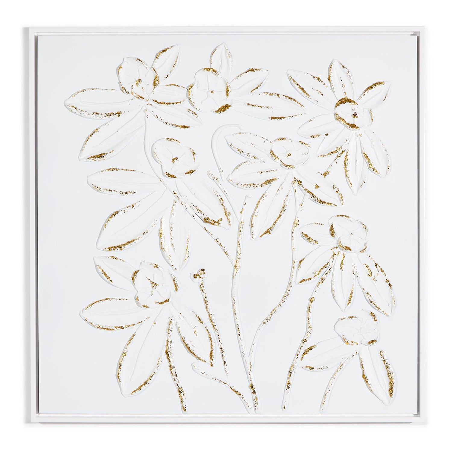 White Florals with Gold Accent Textured Plaster Wall Art Set of 2