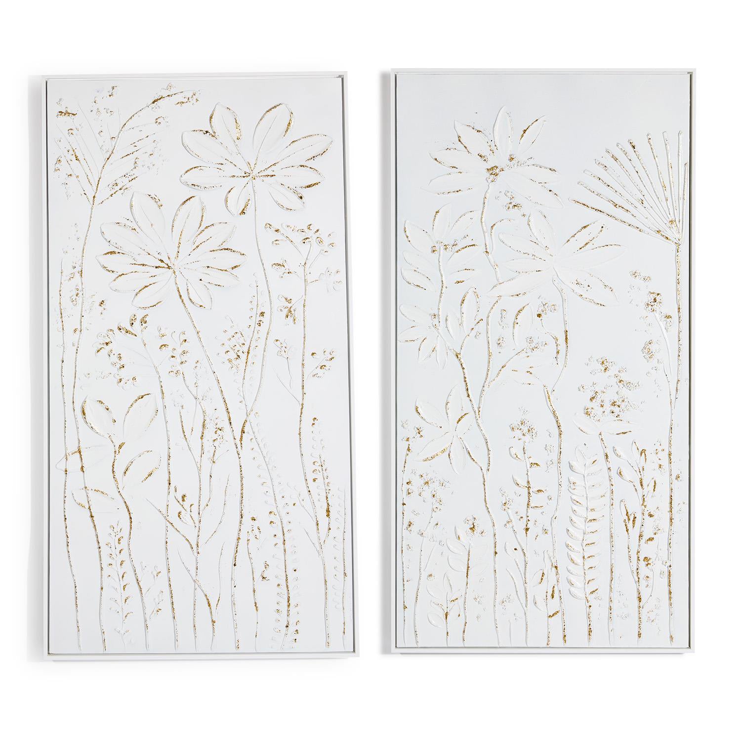 Tall Floral White Textured Plaster Wall Art Set of 2