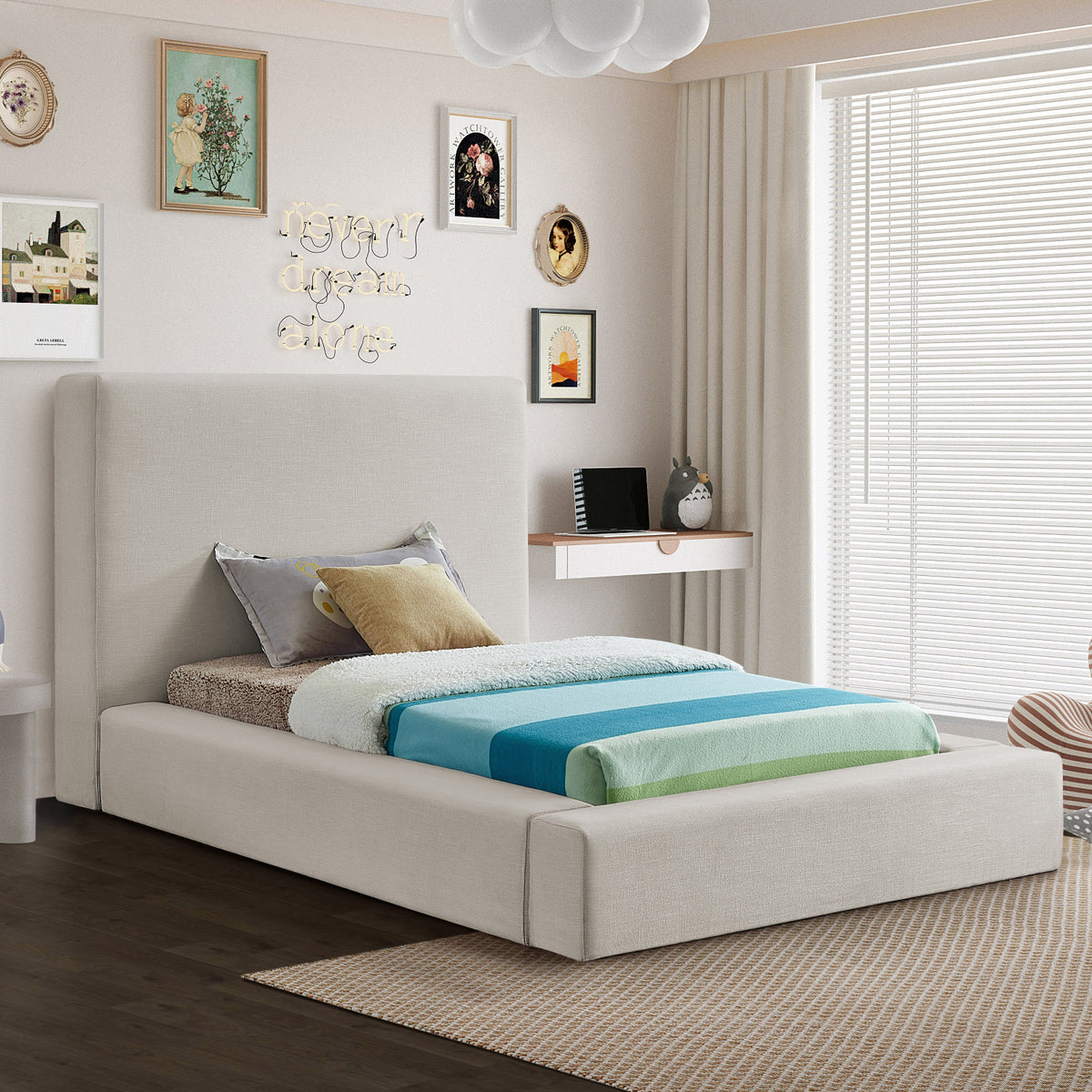 Devin Beige Linen Textured Fabric Upholstered Bed