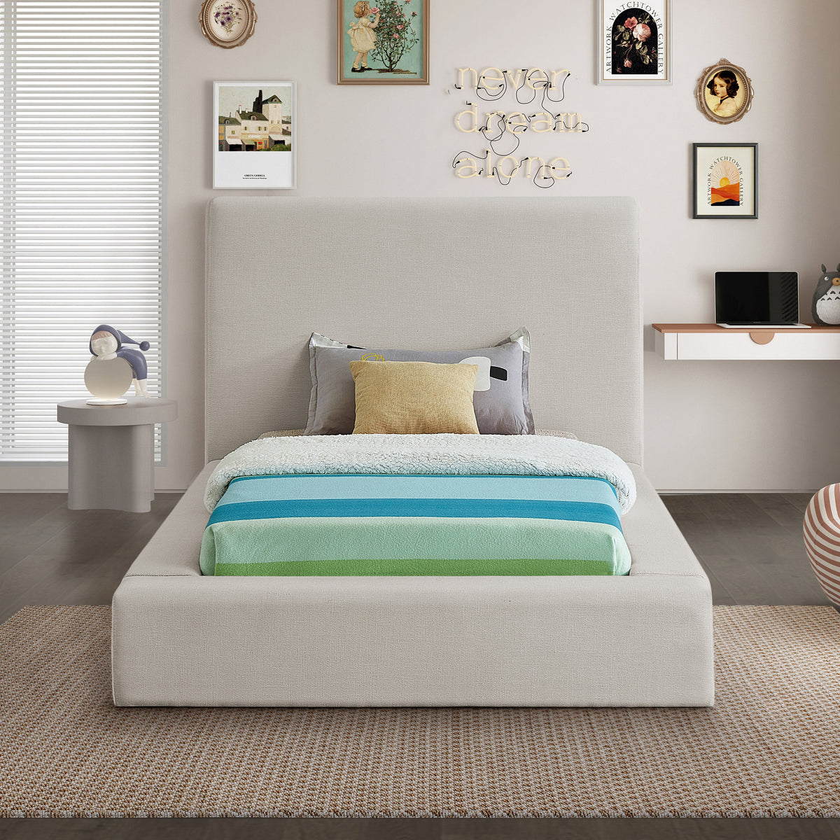 Devin Beige Linen Textured Fabric Upholstered Bed