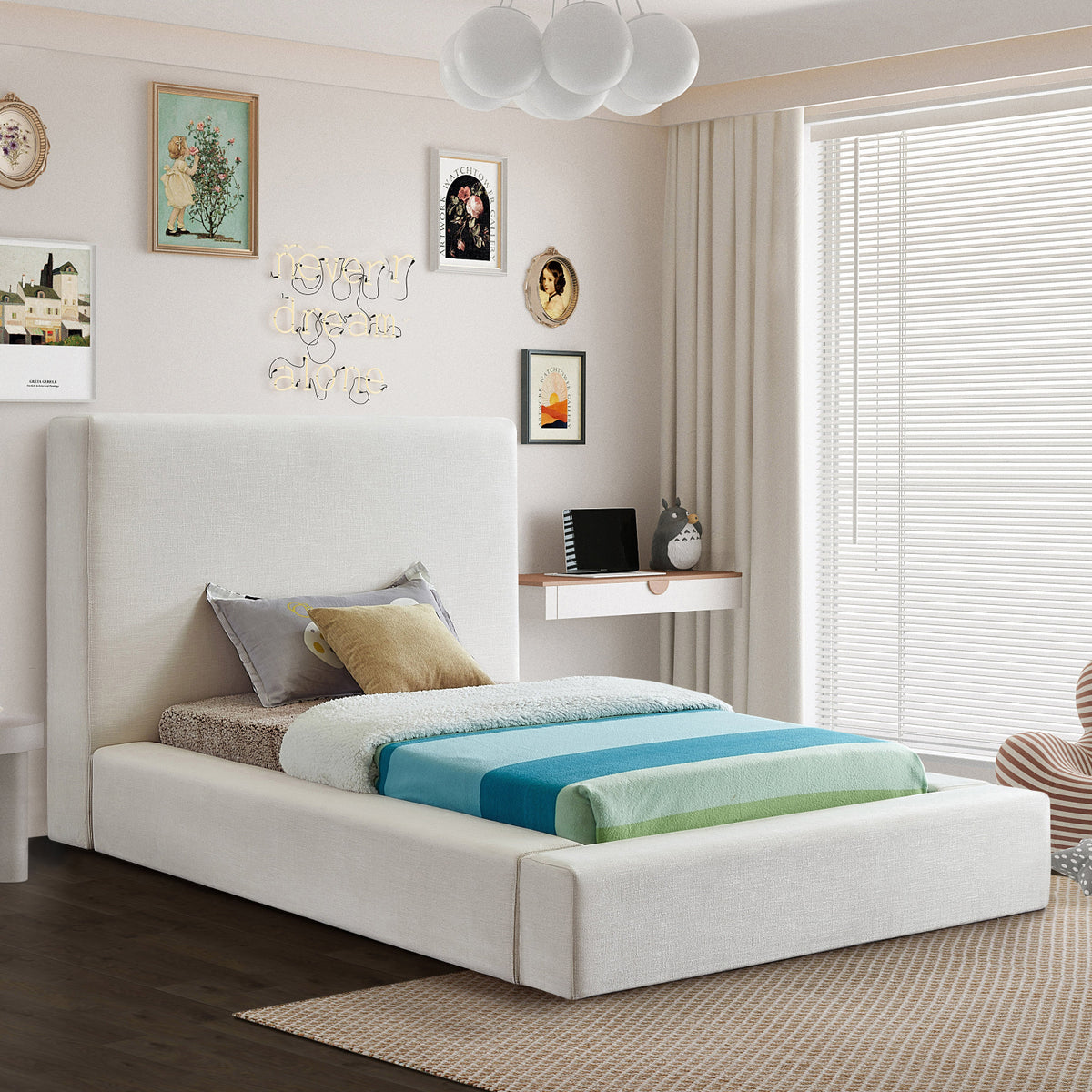 Devin Cream Linen Textured Fabric Upholstered Bed