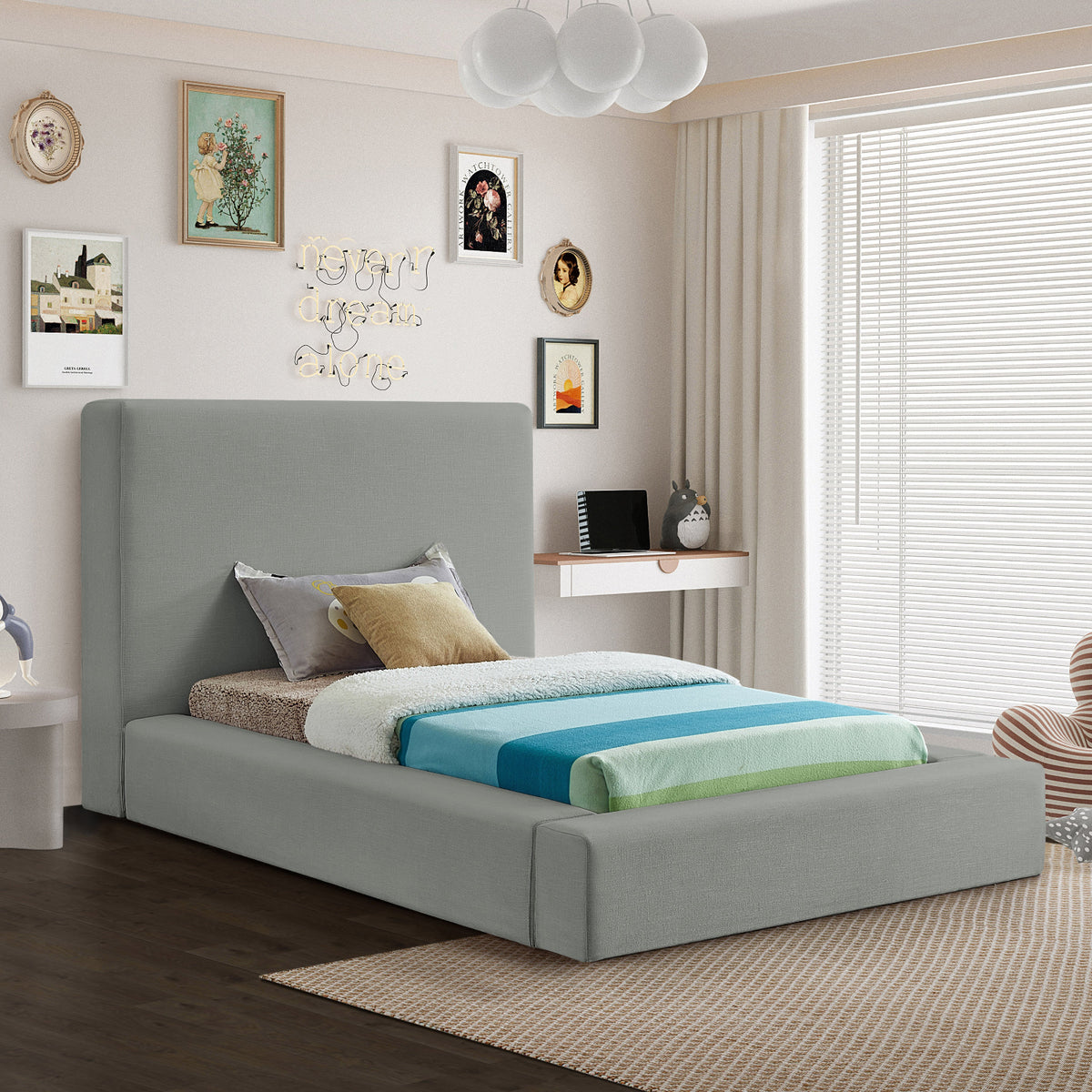 Devin Grey Linen Textured Fabric Upholstered Bed