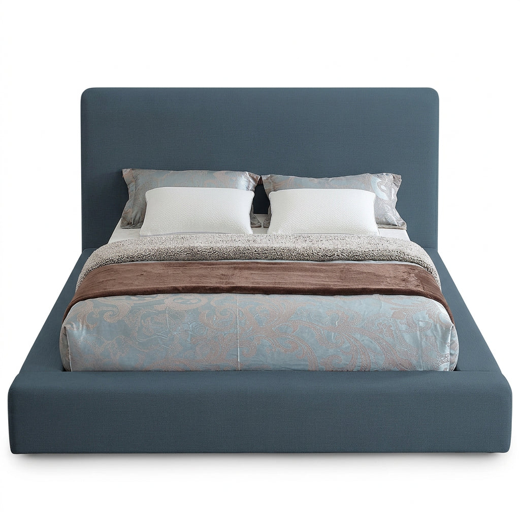 Devin Navy Linen Textured Fabric Upholstered Bed