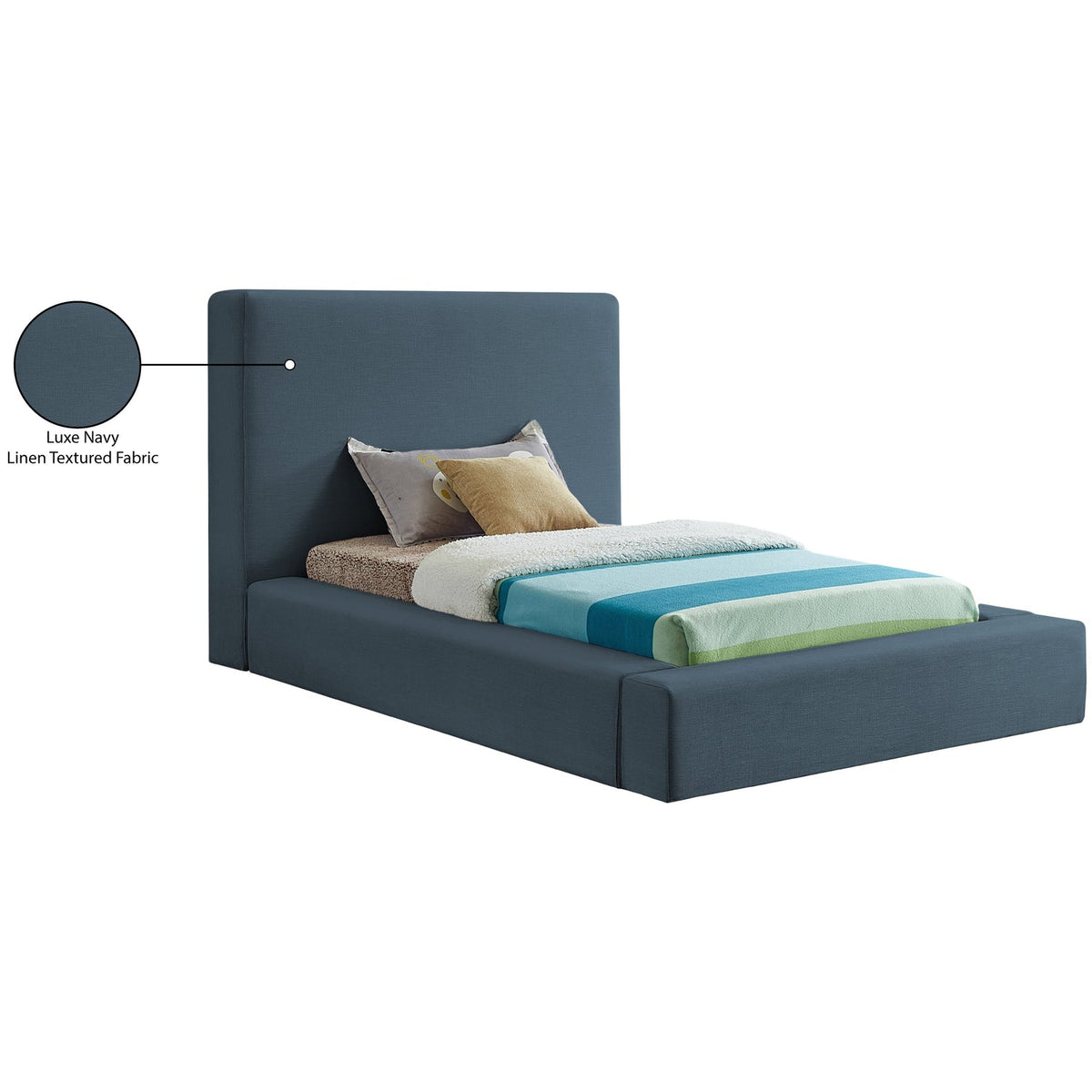 Devin Navy Linen Textured Fabric Upholstered Bed