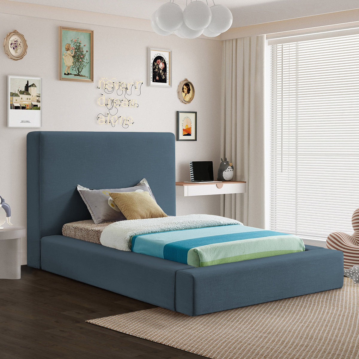 Devin Navy Linen Textured Fabric Upholstered Bed