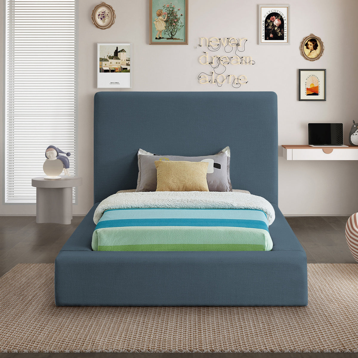 Devin Navy Linen Textured Fabric Upholstered Bed