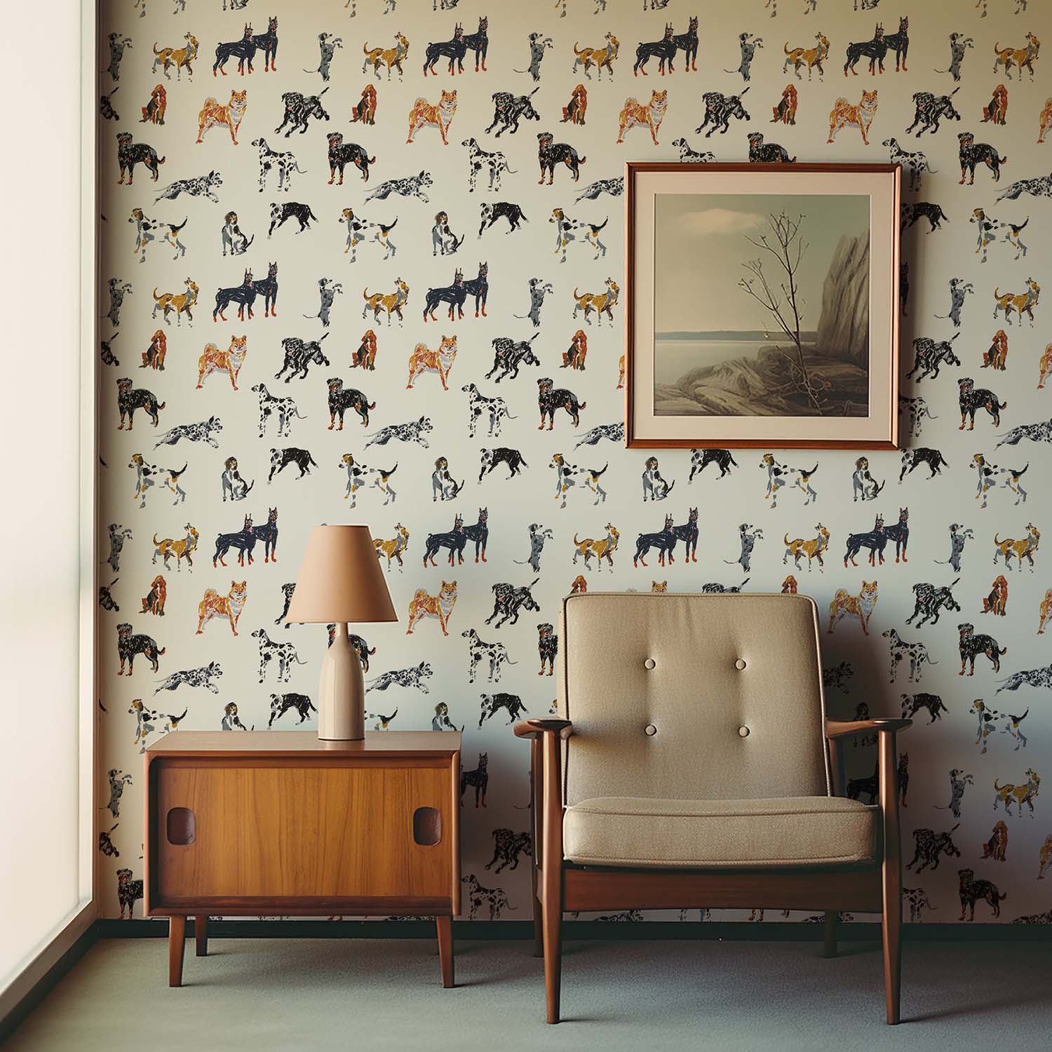 Dog Days statement wallpaper in Sunbleached Pink, styled room setting