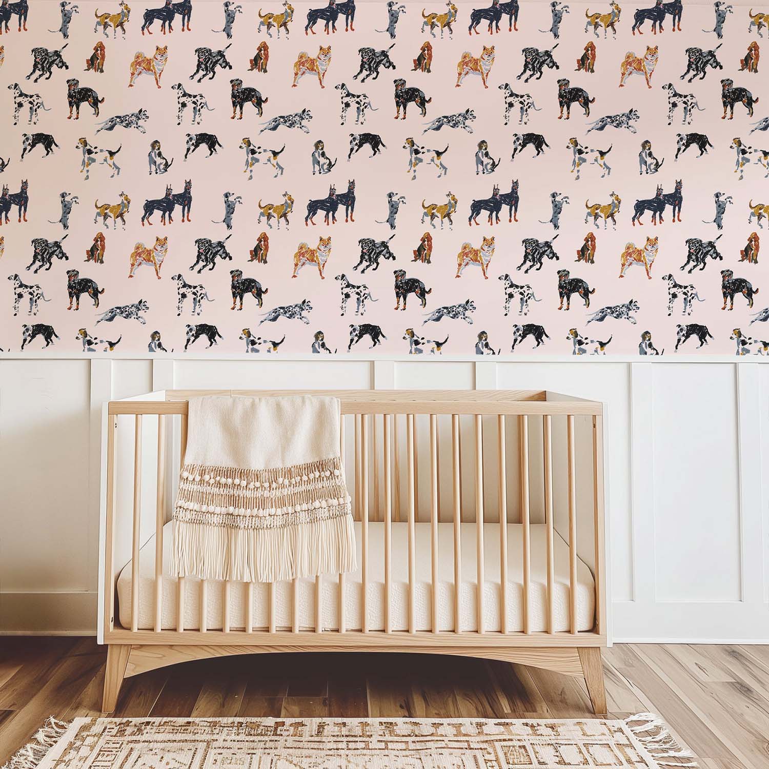 Dog Days statement wallpaper in Sunbleached Pink, styled shelf vignette