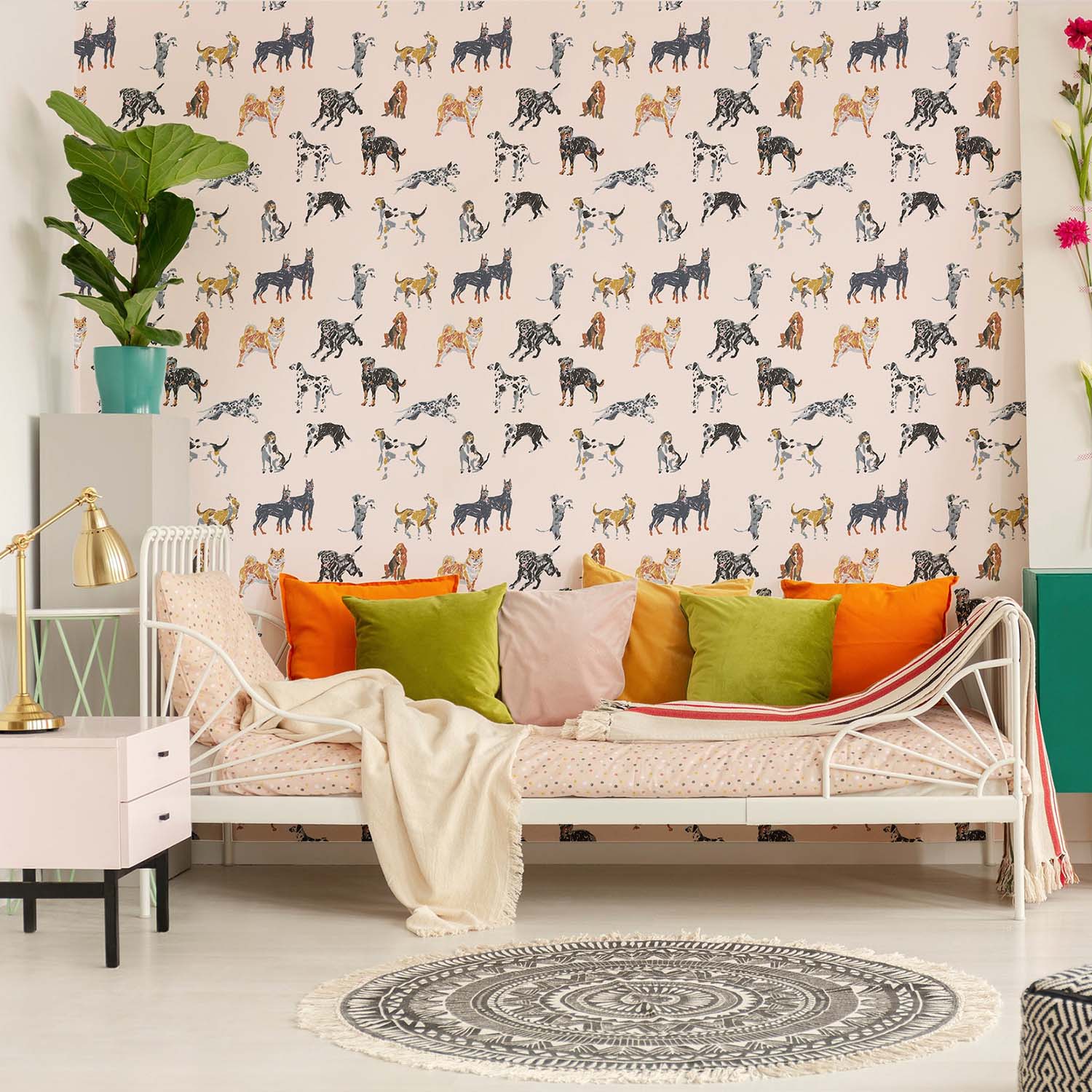 Dog Days statement wallpaper in Pale Blue, full drop view