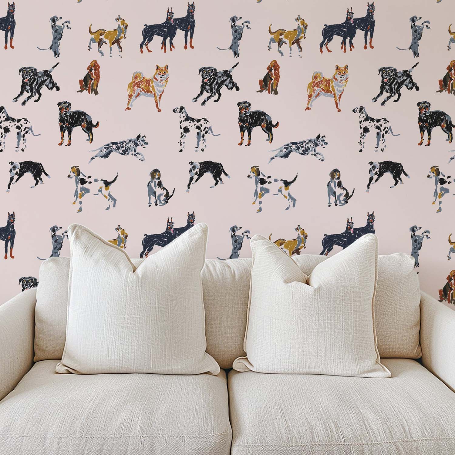 Dog Days statement wallpaper in Sunbleached Pink, room mockup