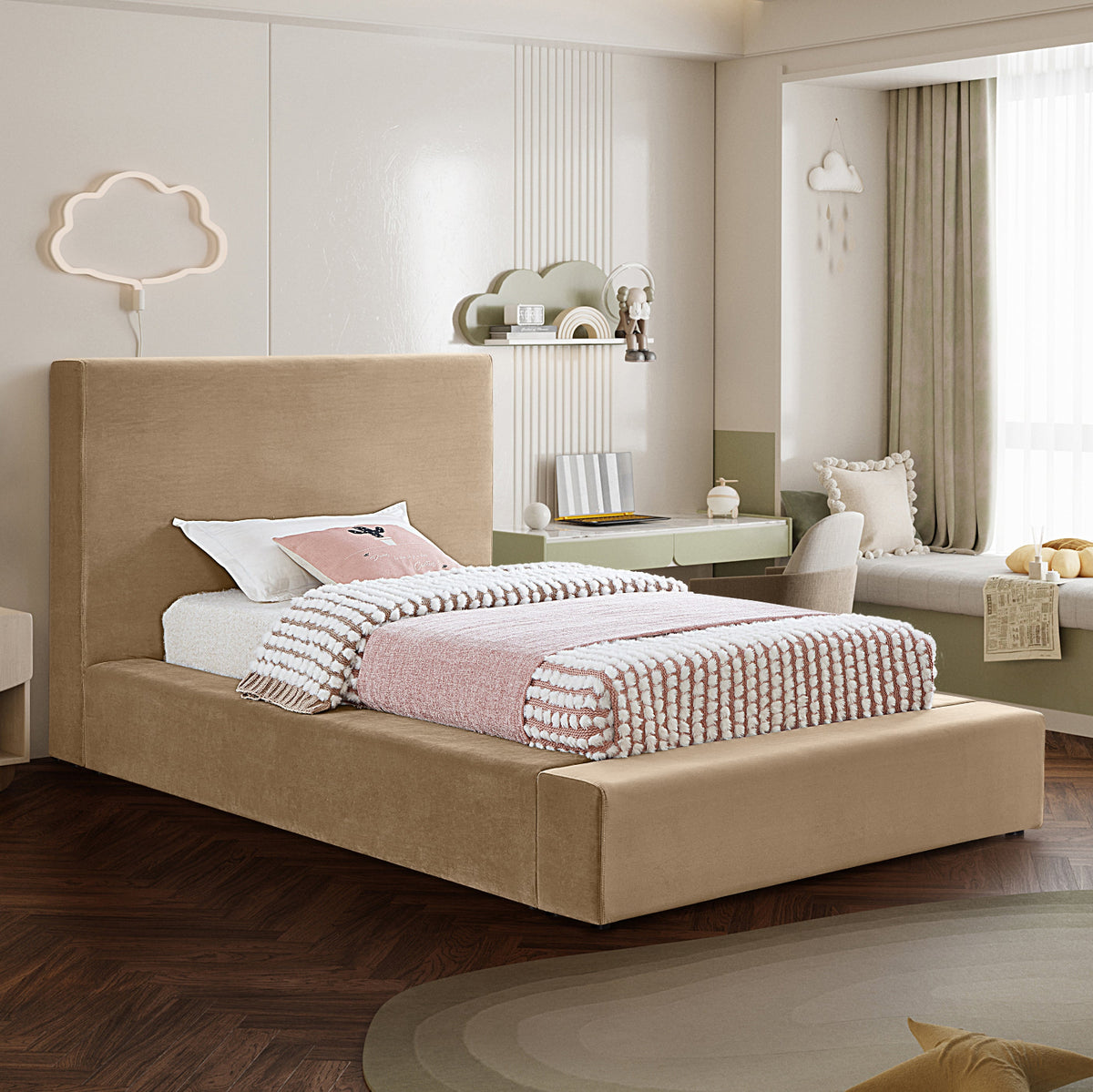 Dorian Beige Velvet Upholstered Bed