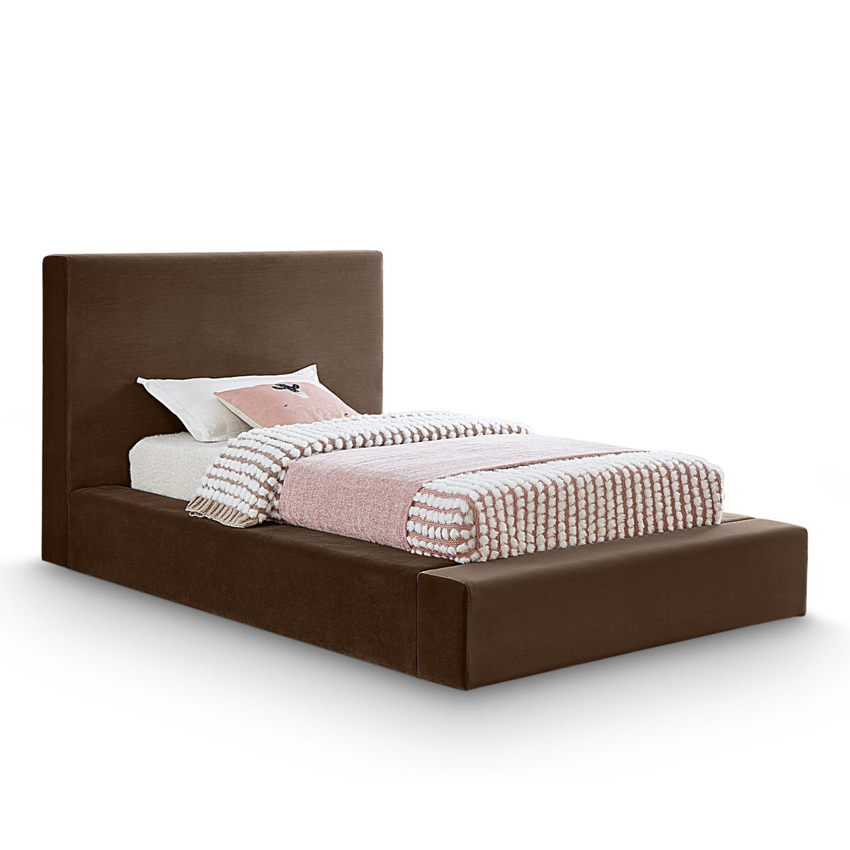Dorian Brown Velvet Upholstered Bed in brown velvet, primary product view