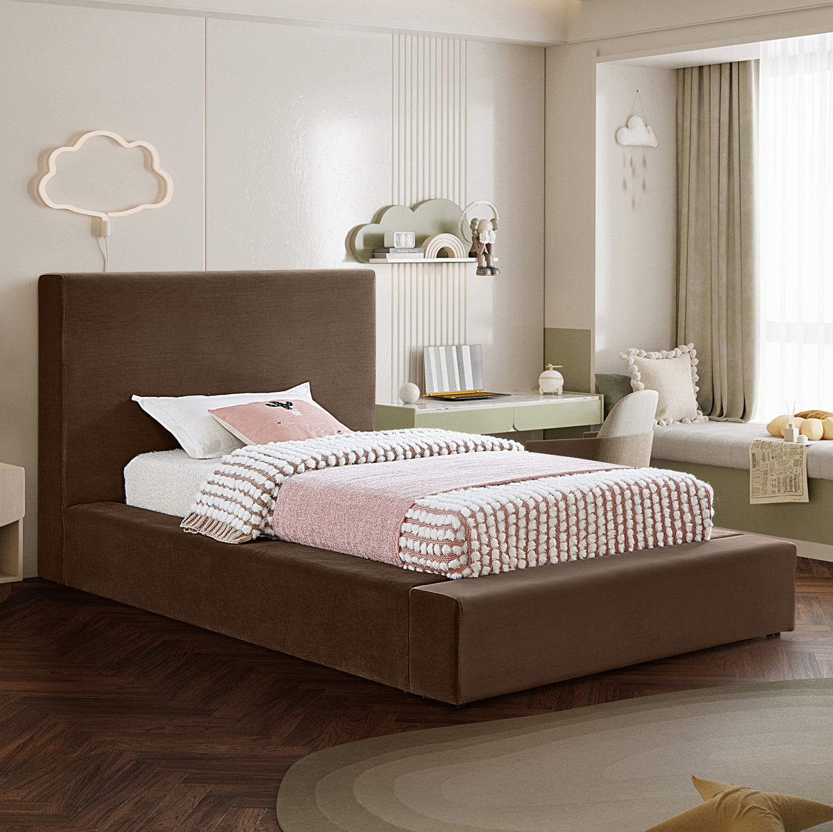 Dorian Brown Velvet Upholstered Bed
