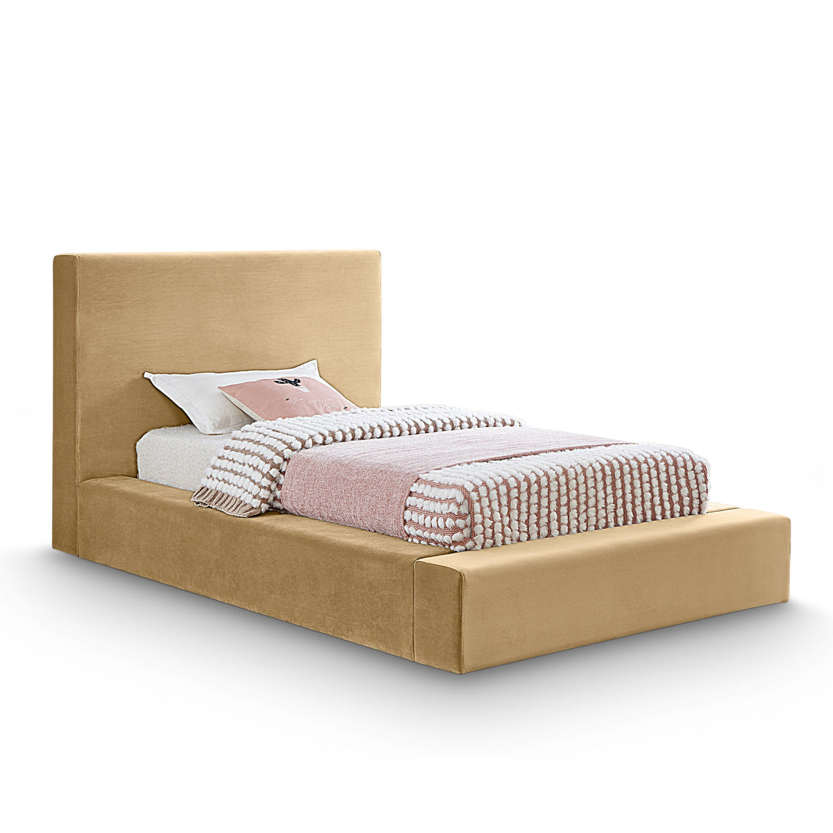 Dorian Camel Velvet Upholstered Bed in camel velvet, primary product view