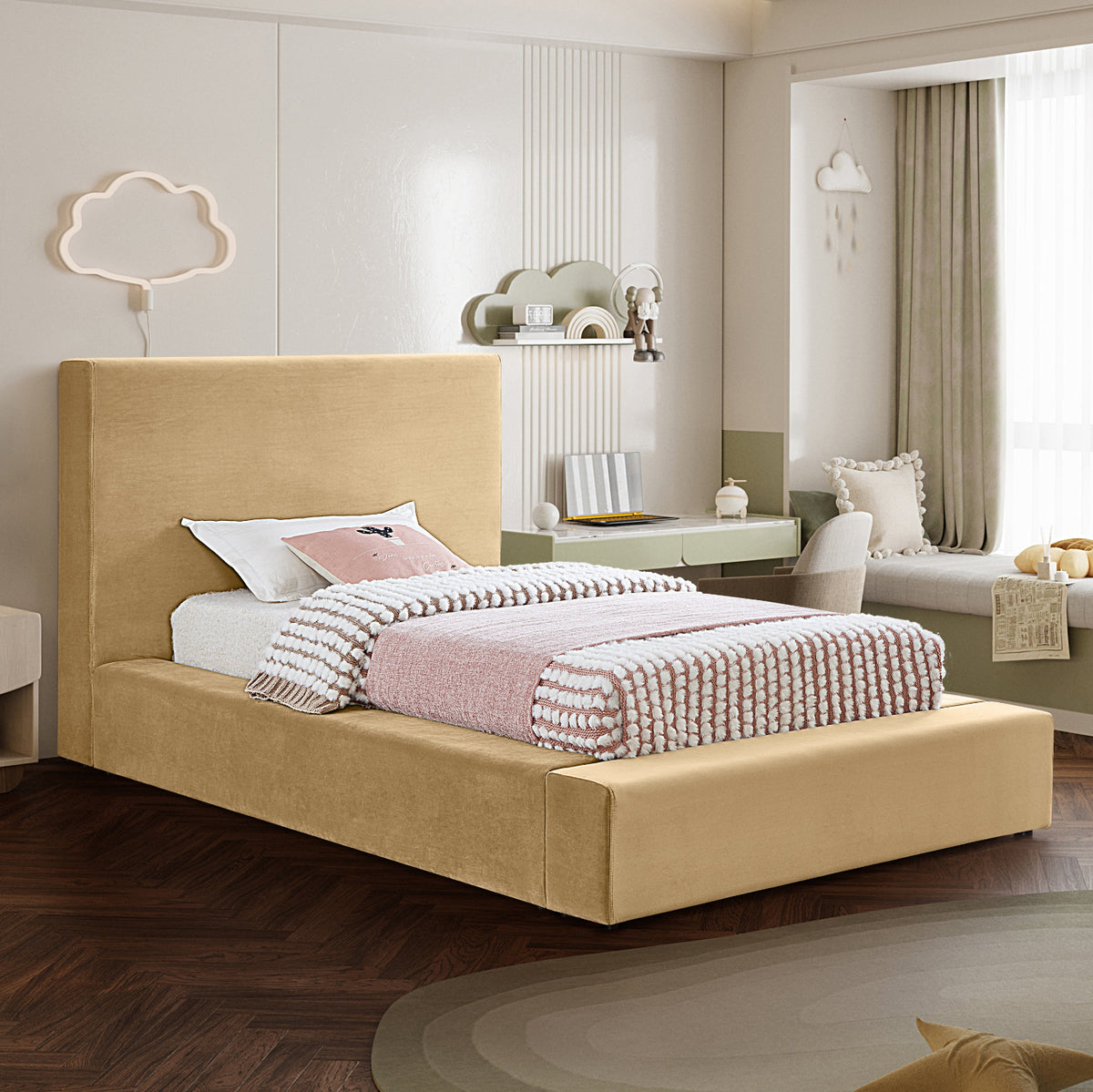 Dorian Camel Velvet Upholstered Bed