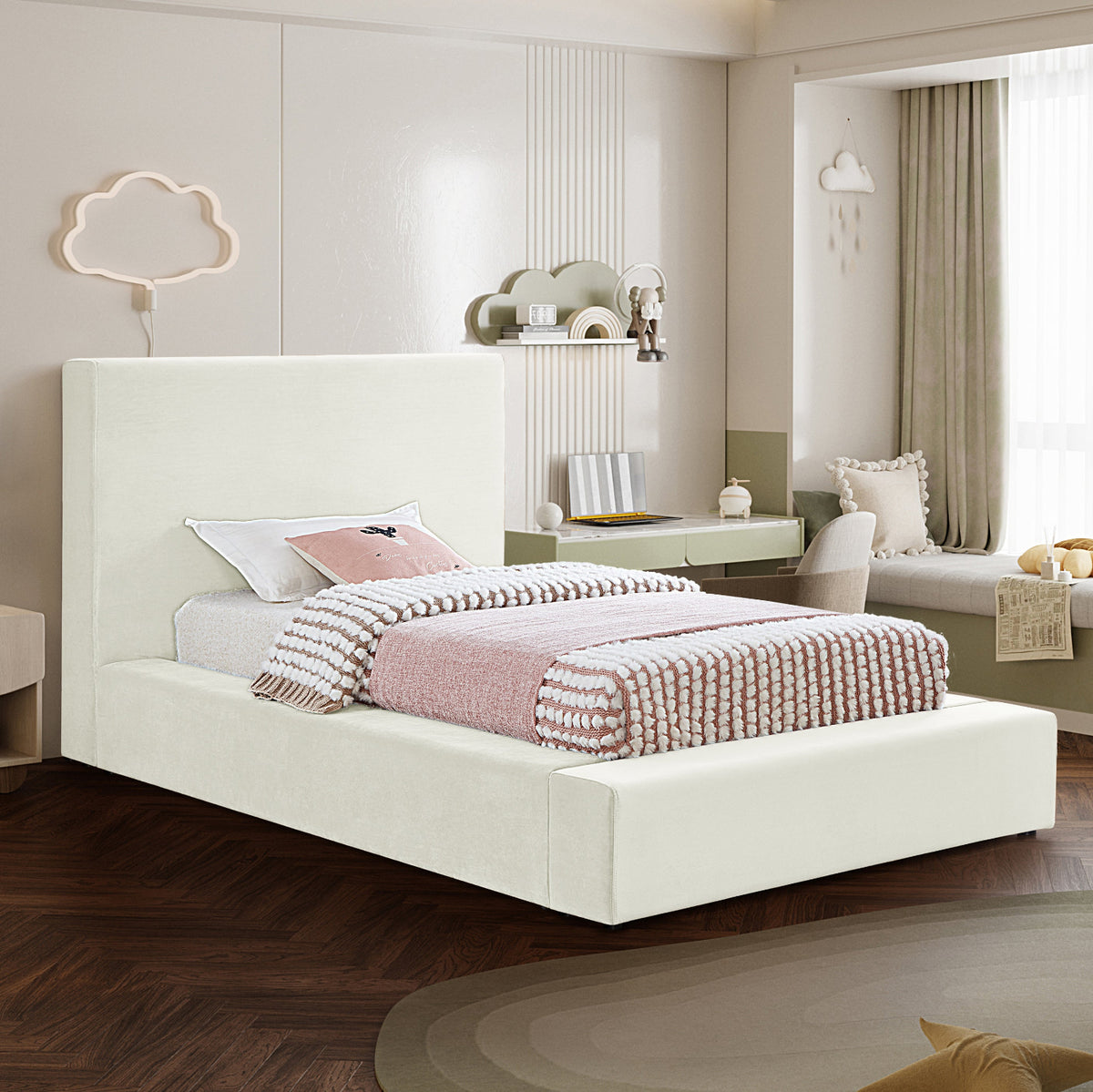 Dorian Cream Velvet Upholstered Bed